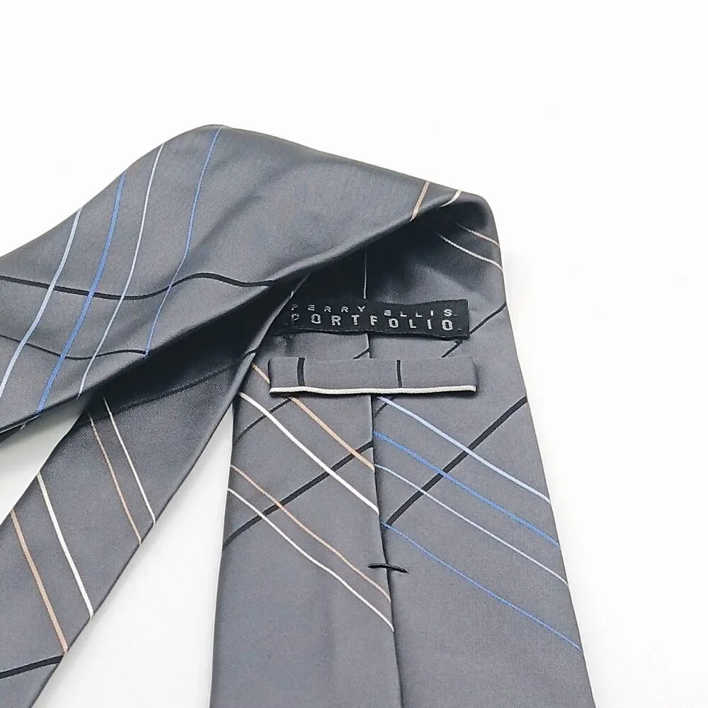 Perry Ellis Portfolio Silk Tie Mens 59.5” Gray Plaid Satin Designer Wide New